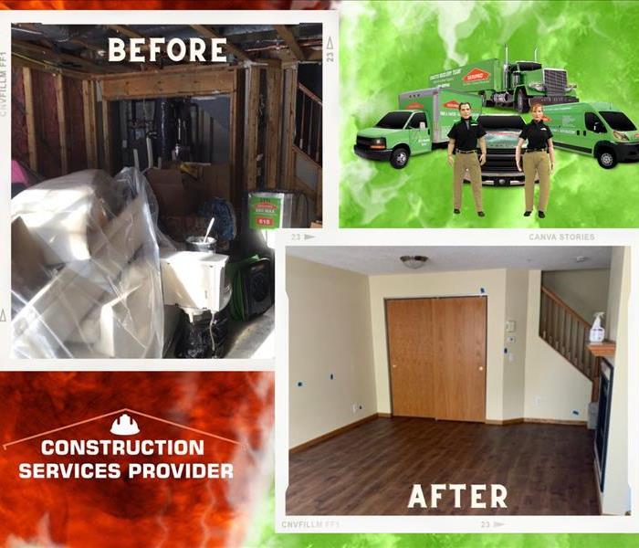 before and after photos of a home living with drywall removed and bare studs and after with complete drywall and door cleaned